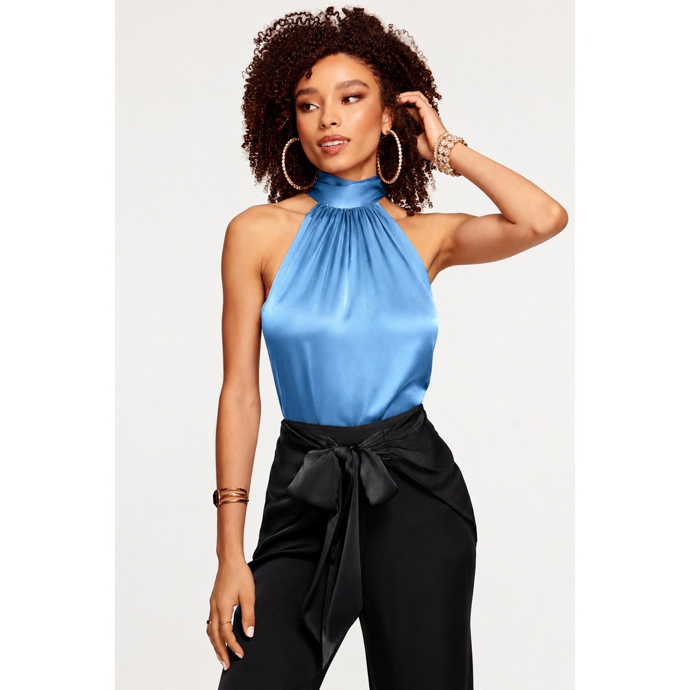 Ramy Brook Lori Halter Top Clear Blue Satin Pleated High Neck Sleeveless Large‎